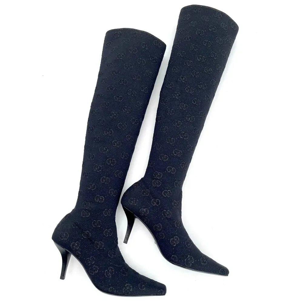 Gucci Demi Black GG Logo Metallic Stretch Knit Over-the-Knee Sock Boots IT 39.5